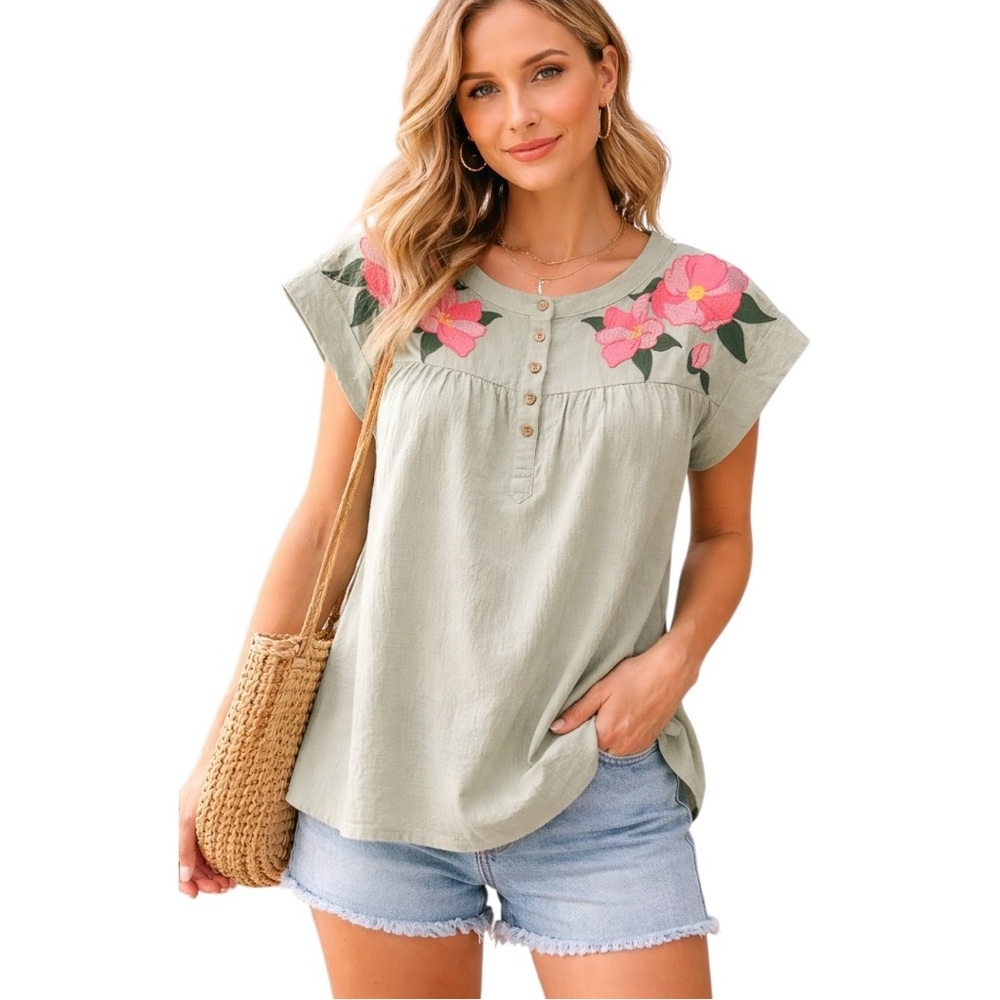 Oddi Embroidered Floral Boho Blouse Sage Green Pink Top NWT Small - Picture 2 of 7